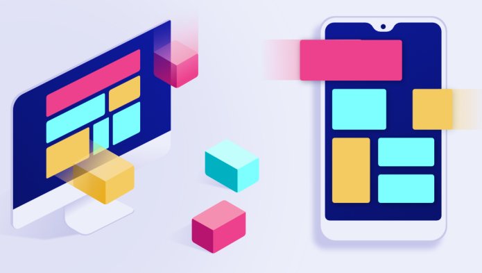 Illustration of coloured 3D shapes emerging from a computer screen and a telephone