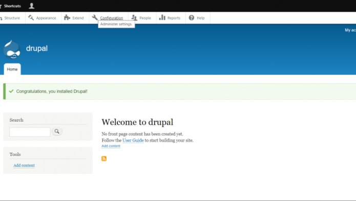 Screenshot of the welcome page for a newly installed drupal site